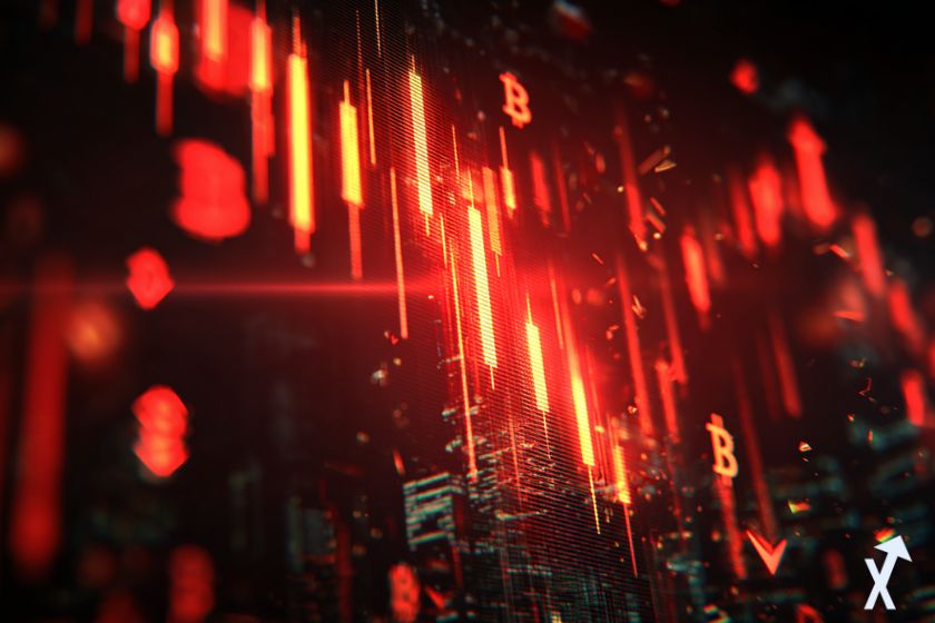 Mercado cripto en declive, velas rojas.