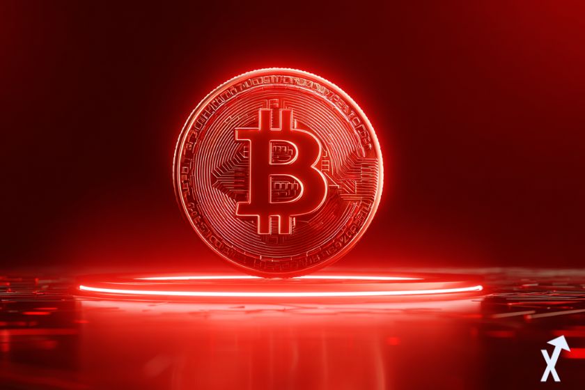 Moneda red bitcoin en fondo rojo.