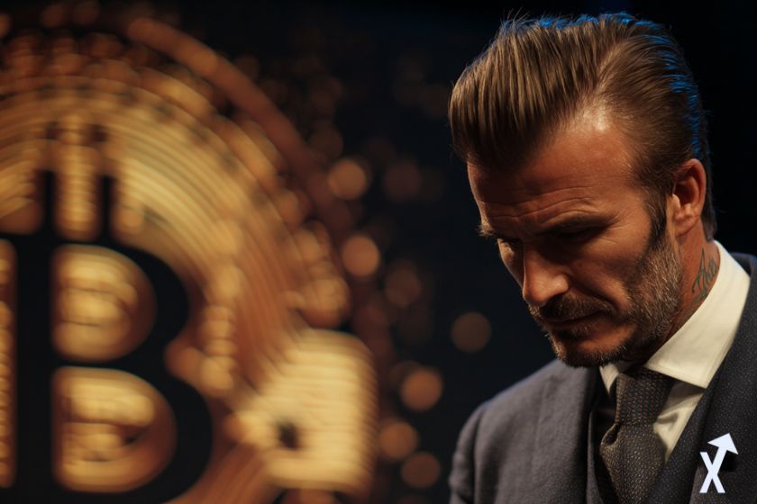 David Beckham con traje, logo Bitcoin.