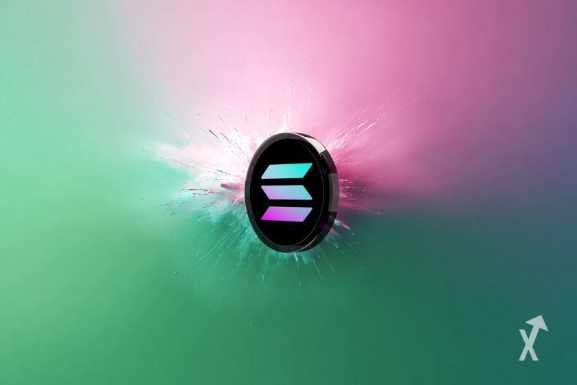 Token Solana negro, fondo verde rosa.