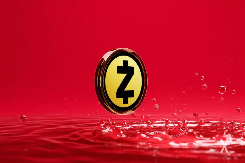 "Token dorado Zcash sobre fondo rojo"