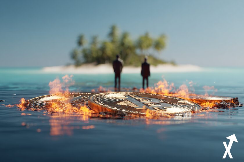 Palmera en llamas, bitcoin, cripto.