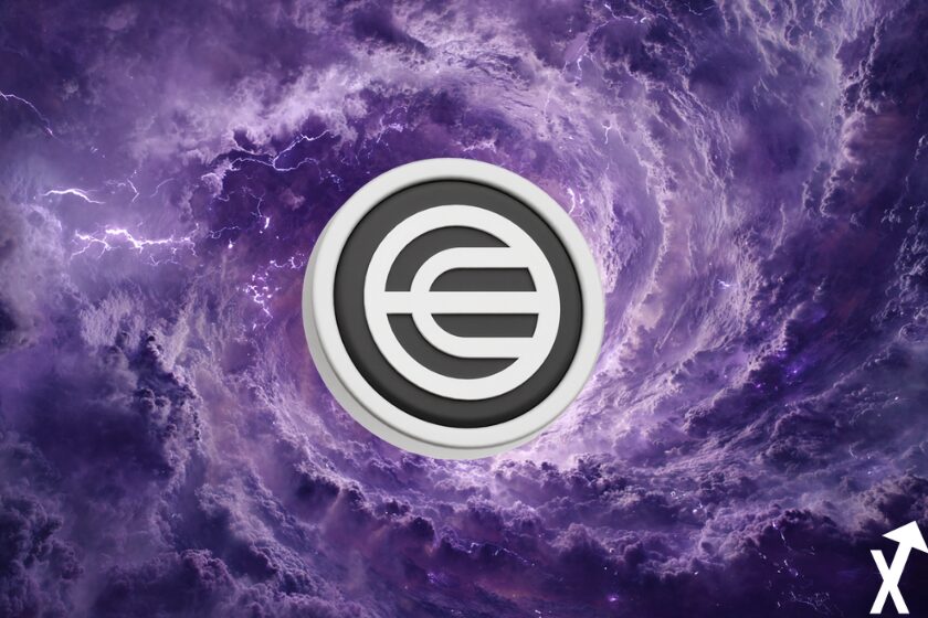 Moneda de Worldcoin sobre fondo violeta.