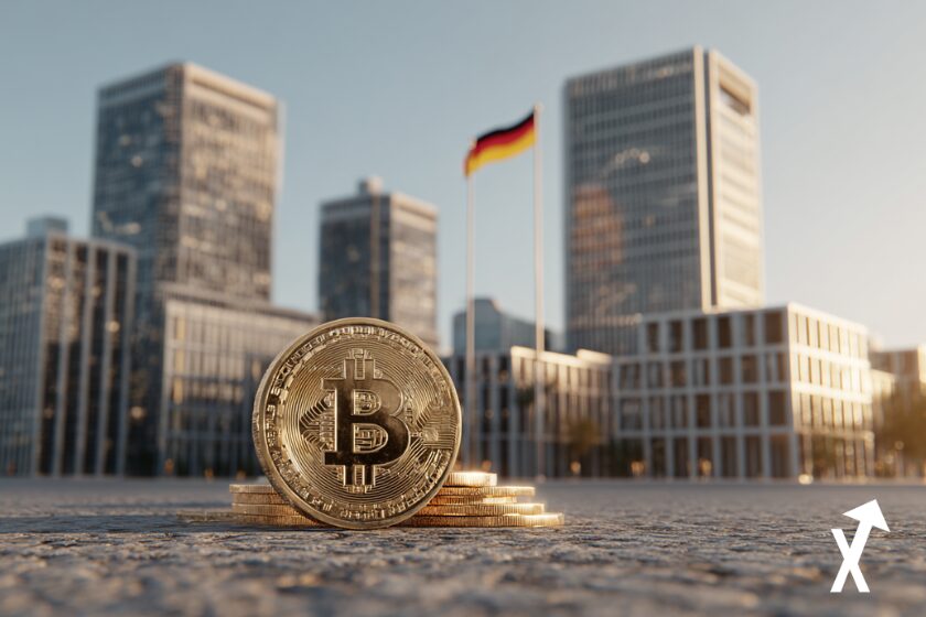 banques allemandes drapeau et logo bitcoin dor&eacute;