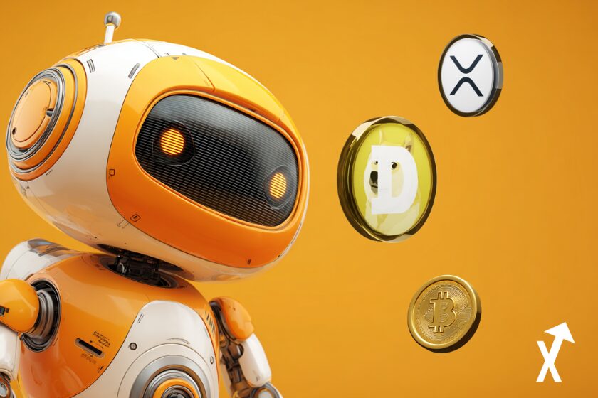 xrp bitcoin dogecoin coins &agrave; c&ocirc;t&eacute; de robot ia et fond orange