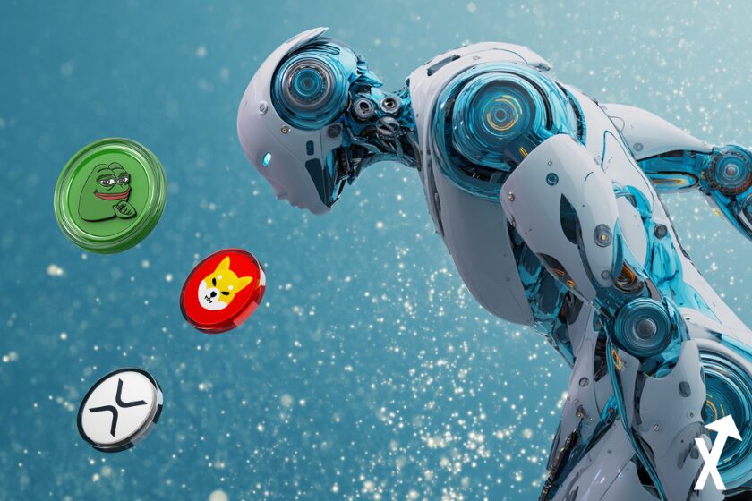 claude robot ia avec xrp, shiba inu et pepe coin sur fond bleu glacial