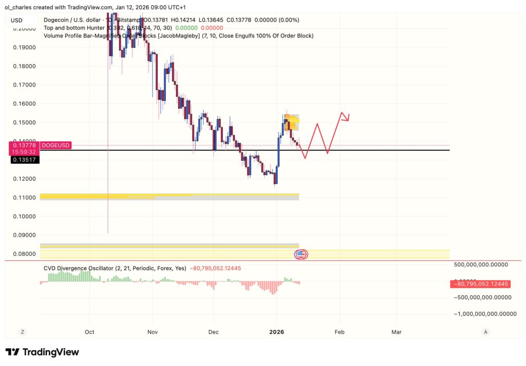 Gr&aacute;fico del precio de DOGE Dogecoin en un d&iacute;a con order block
