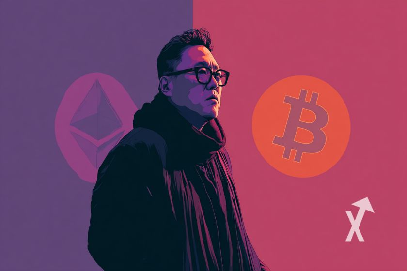 tom lee sur un fond rouge et violet avec logo Ethereum et Bitcoin
