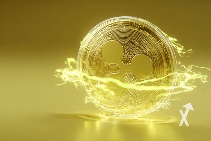 XRP coin en jaune avec &eacute;lectricit&eacute; jaune autour sur un fond jaune