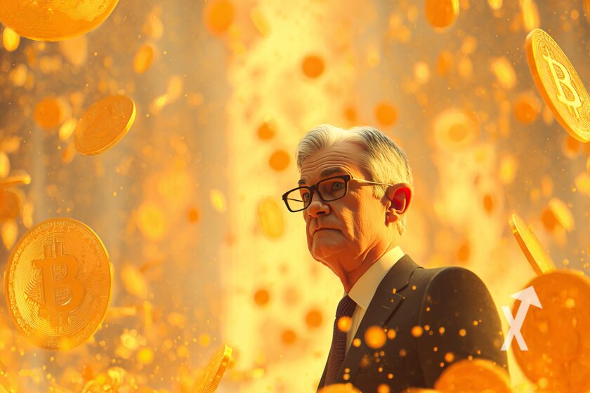 Jerom powell sur un fond orange avec des coins Bitcoin partout