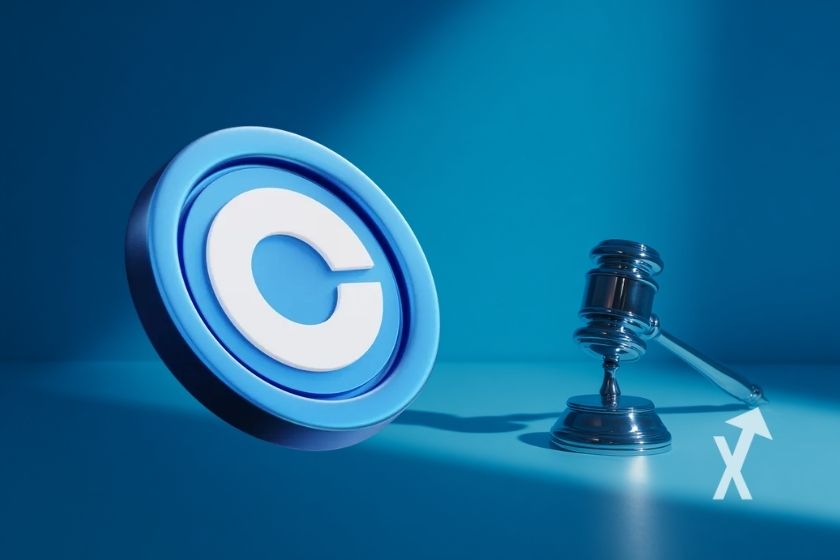 coin coinbase sur fond bleu avec marteau de juge