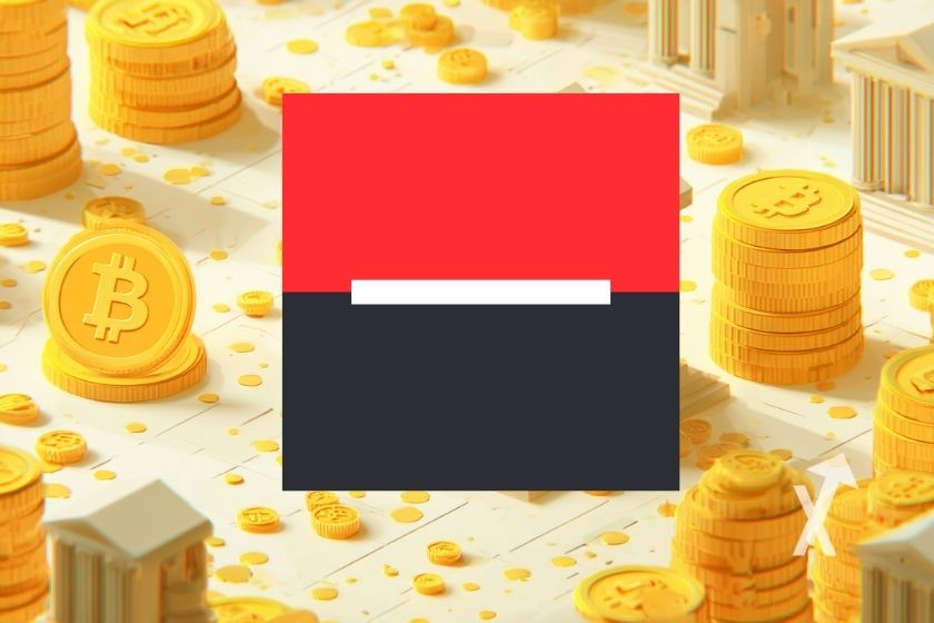 logo Soci&eacute;t&eacute; g&eacute;n&eacute;rale avecun fond blanc et coins jaunes Bitcoin