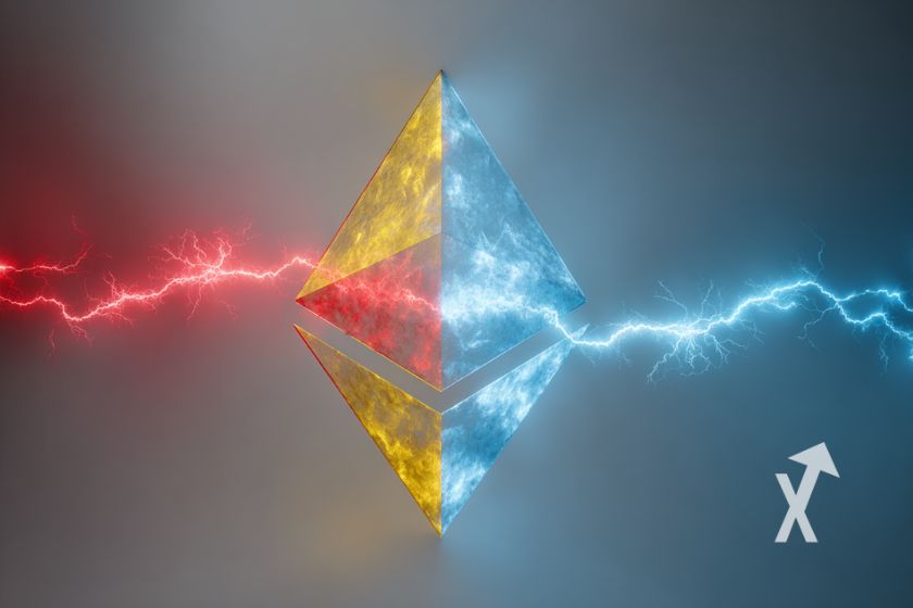 Ethereum logo en bleu et jaune moiti&eacute; gris moiti&eacute; bleu avec &eacute;lectricit&eacute; rouge et bleue