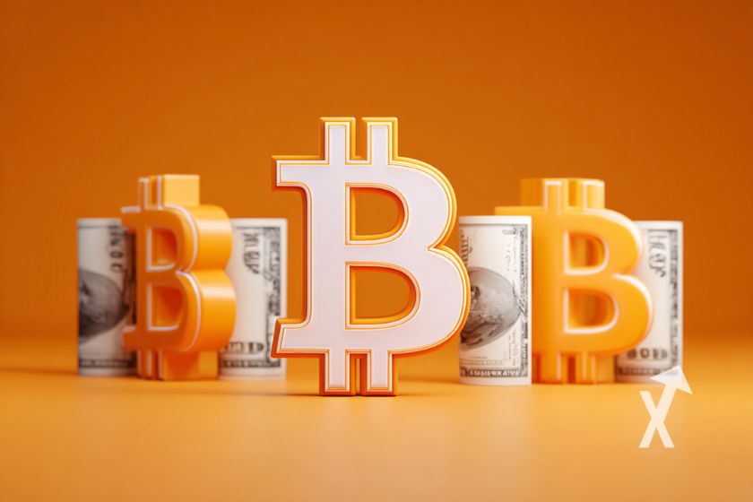Bitcoin logo en blanc avec des liasses de dollars sur un fond orange