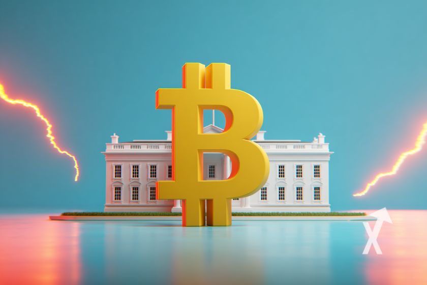 Bitcoin logo en jaune devant la maison blanche sur un fond bleu avec &eacute;clairs jaunes et rouges sur les c&ocirc;t&eacute;s