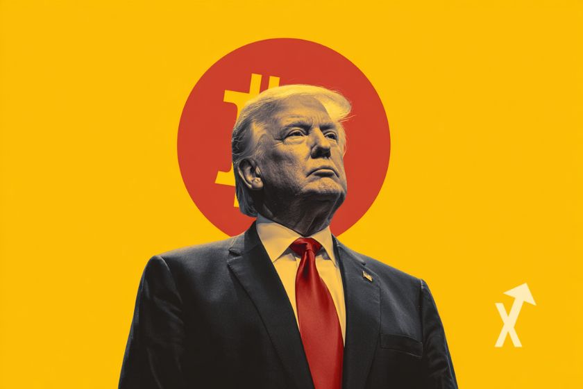 Donald trump Bitcoin logo cach&eacute; derri&egrave;re sur un fond jaune