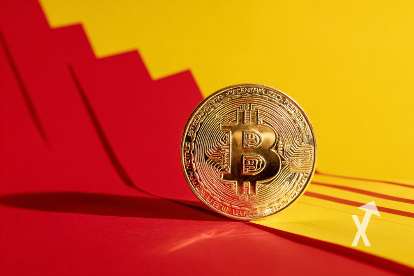 coin Bitcoin sur un fond jaune et rouge