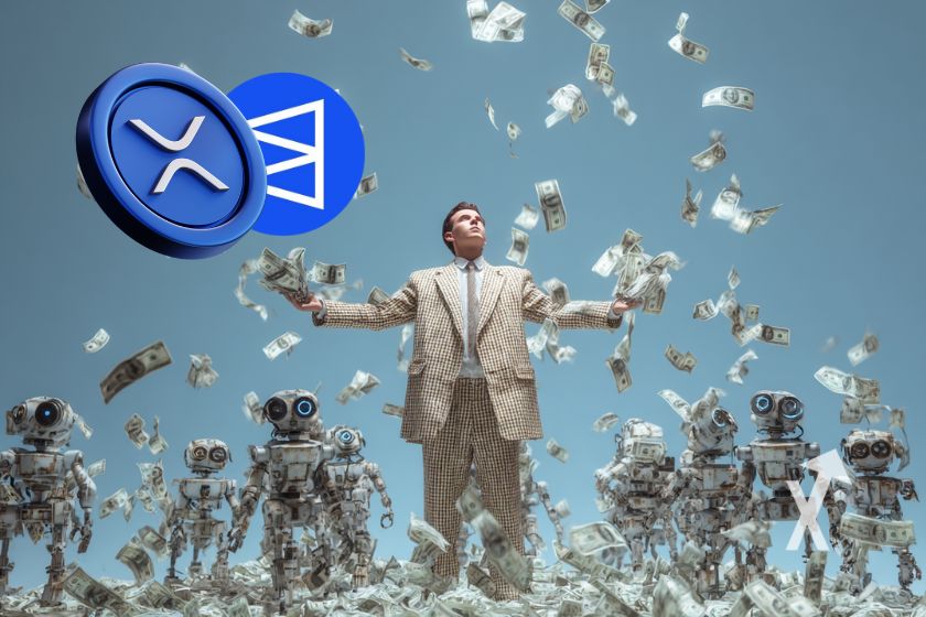 Homme en costume sur un fond bleu avec des billets dollars partout et des robos IA deri&egrave;re. Coin et logo XRP et Polymarket en haut &agrave; gauche