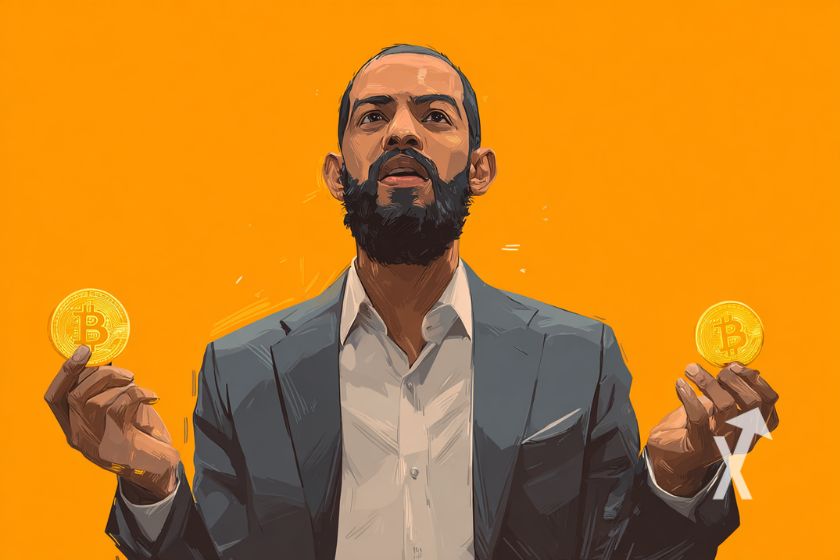 Nayib Bukele qui tiens des bitcoin sur un fond orange