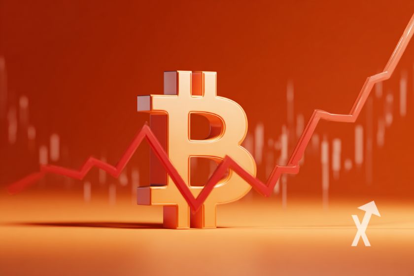 Logo Bitcoin en rojo con tendencia.