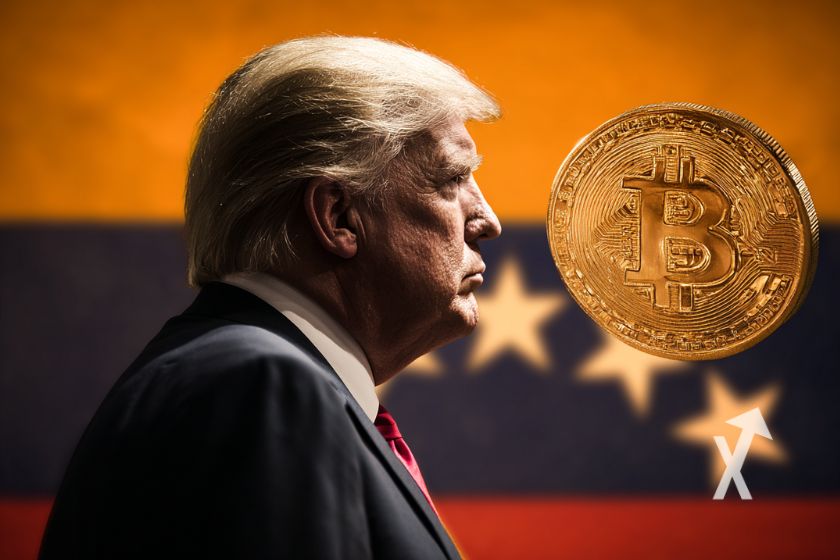 Moneda Bitcoin con Trump y bandera.