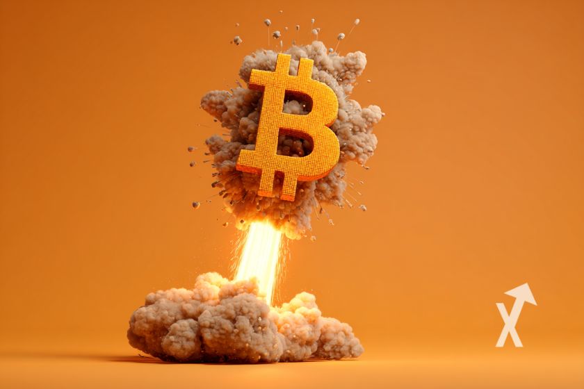 Bitcoin logo sur une fus&eacute;e, fond orange avec fum&eacute;e grise