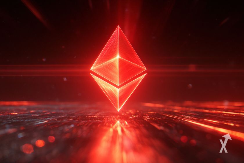 Logo Ethereum rojo en fondo futurista.