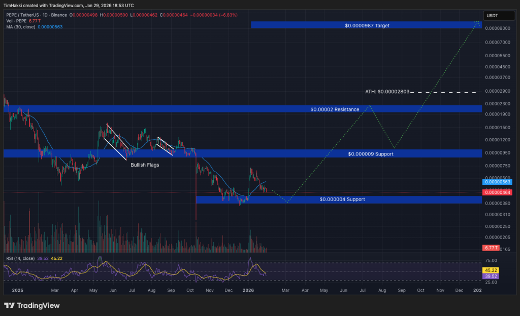 Gr&aacute;fico del precio de PEPE mostrando la evoluci&oacute;n del curso y niveles t&eacute;cnicos clave