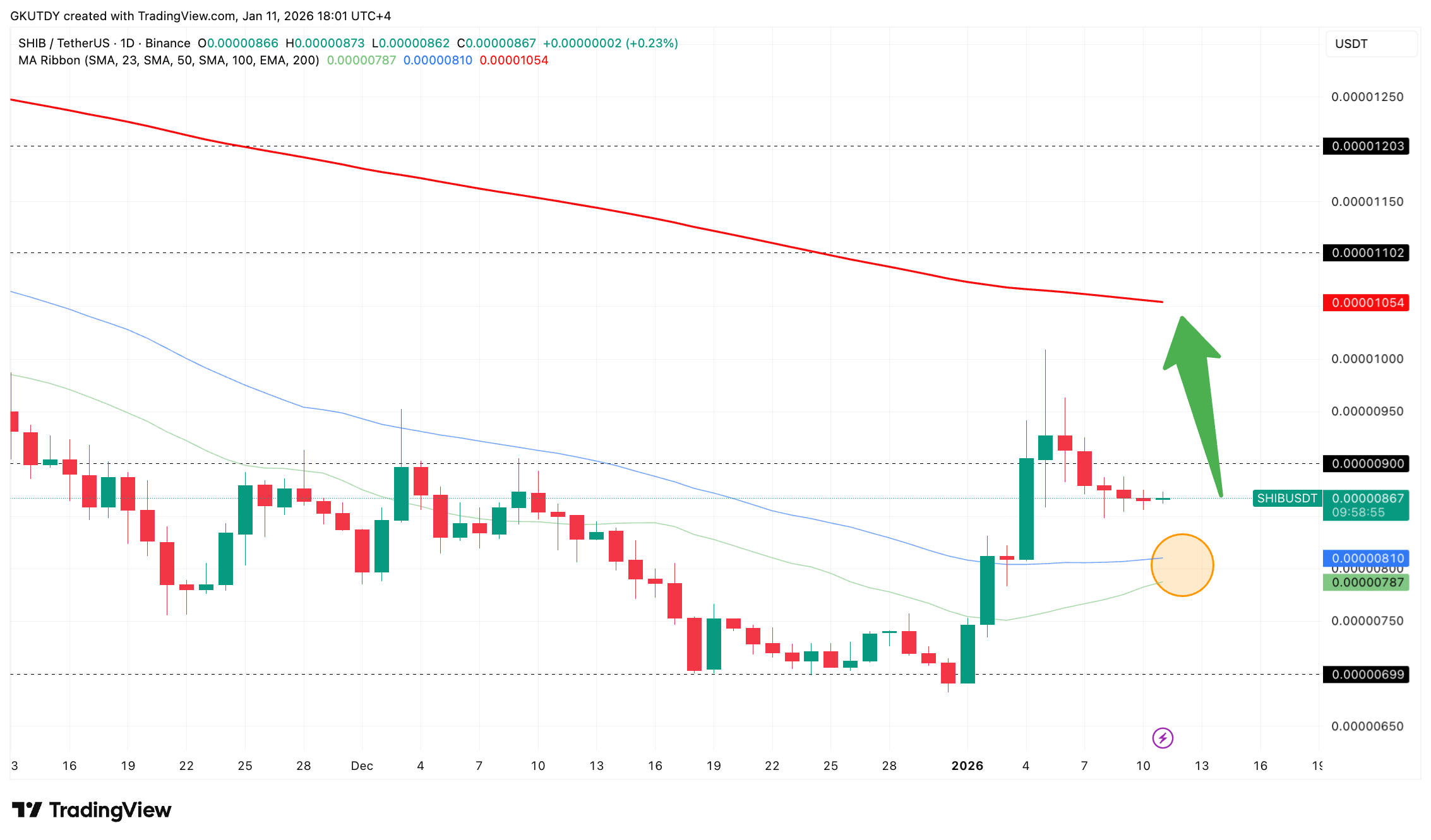 Gr&aacute;fico del precio de Shiba Inu (SHIB) mostrando se&ntilde;al alcista