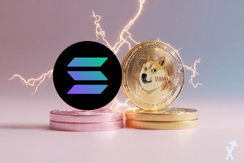 "Altcoins Dogecoin y Solana brillan el&eacute;ctricamente."