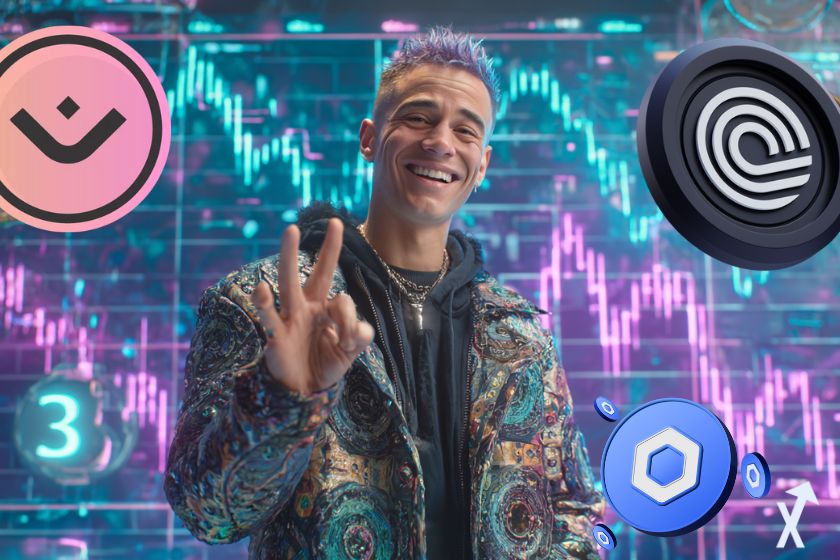 Trader sonriendo rodeado de gr&aacute;ficos brillantes.