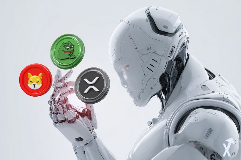 Robot analizando XRP, Shiba Inu, Pepe.