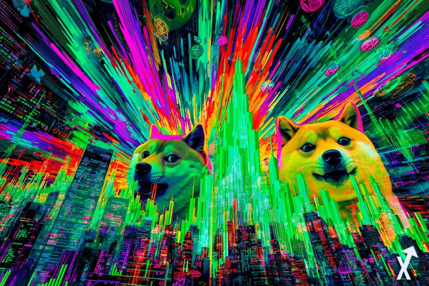 Criptomoneda Shiba Inu con velas verdes.