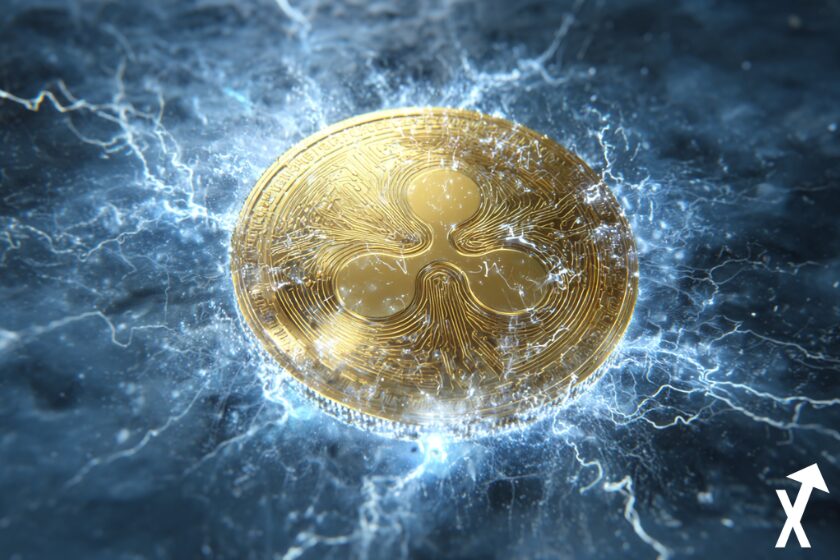 xrp coin dor&eacute; sur fond bleu color&eacute;