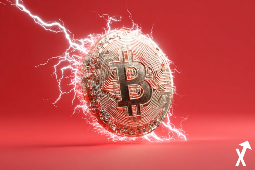 bitcoin coin dor&eacute; entour&eacute; de foudre et un fond clean rouge