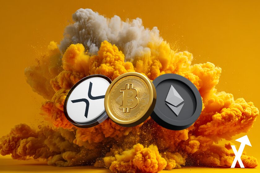 ethereum bitcoin xrp coins sur fond orange explosif