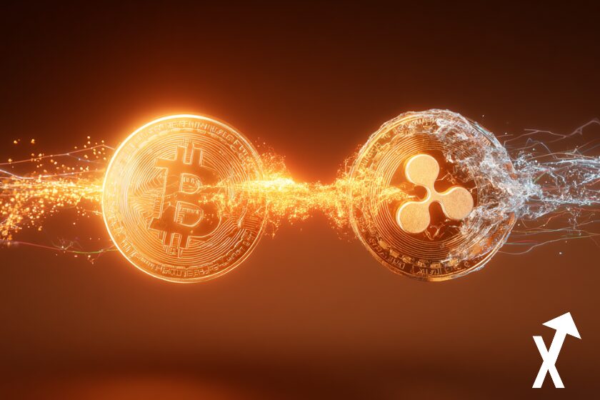 Illustration symbolique d&rsquo;un &eacute;change crypto : un Bitcoin lumineux se transformant en XRP rayonnant, reli&eacute;s par un flux d&rsquo;&eacute;nergie num&eacute;rique. Fond orange lumineux en d&eacute;grad&eacute; or, ambiance dynamique mais professionnelle. Textures m&eacute;talliques d&eacute;taill&eacute;es, &eacute;clairage cin&eacute;matographique, style magazine financier, haute r&eacute;solution.