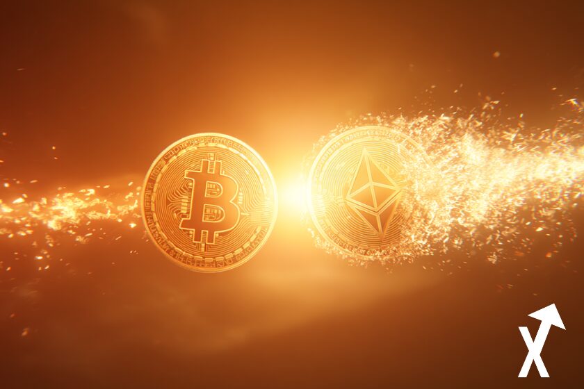 Sc&egrave;ne financi&egrave;re crypto symbolique repr&eacute;sentant un &eacute;change de Bitcoin vers Ethereum. &Agrave; gauche, une grande pi&egrave;ce Bitcoin lumineuse se transformant progressivement en une pi&egrave;ce Ethereum rayonnante &agrave; droite, reli&eacute;es par un flux de particules num&eacute;riques &eacute;voquant un transfert d&rsquo;&eacute;nergie. Arri&egrave;re-plan orange &eacute;clatant avec un d&eacute;grad&eacute; chaud (orange profond vers dor&eacute;), cr&eacute;ant une atmosph&egrave;re puissante et dramatique.