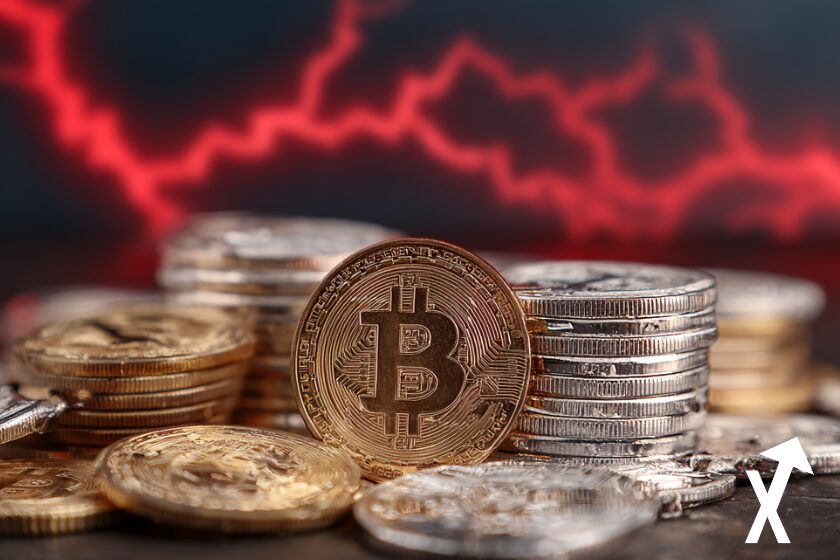 crypto market avec bitcoin represent&eacute; par plusieurs centaines de coins tombant dur la planete entour&eacute; de rouge electricit&eacute; impact et sur fond clean bleu blanc