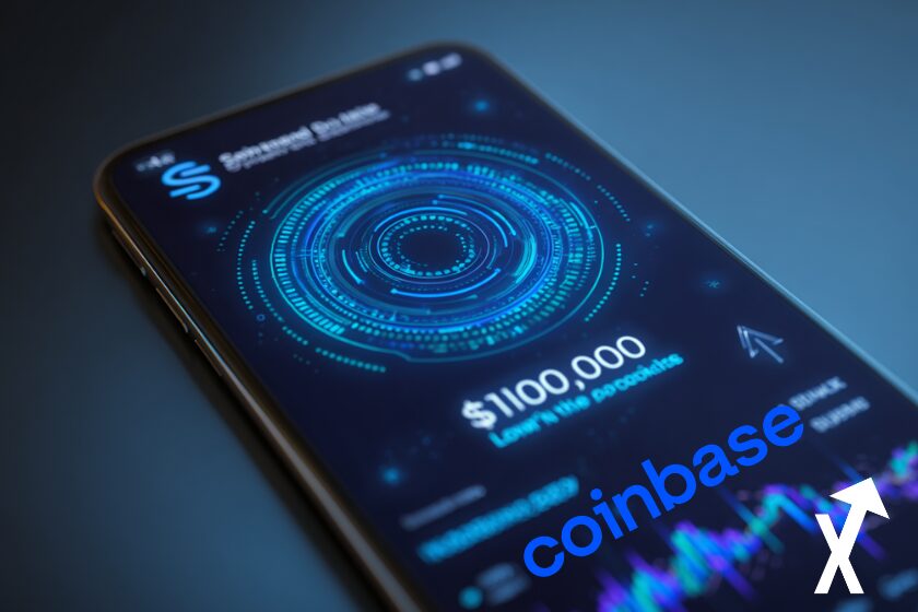 une application crypto sur smartphone, graphiques visibles sous forme de symboles g&eacute;n&eacute;riques (lettres stylis&eacute;es, sans logo officiel), fl&egrave;che indiquant transformation en stablecoin num&eacute;rique, interface montrant "Loan $100,000", couleurs bleu &eacute;lectrique et vert n&eacute;on, style r&eacute;aliste high-tech, profondeur de champ l&eacute;g&egrave;re, fond bleu clean et lumineux coinbase logo