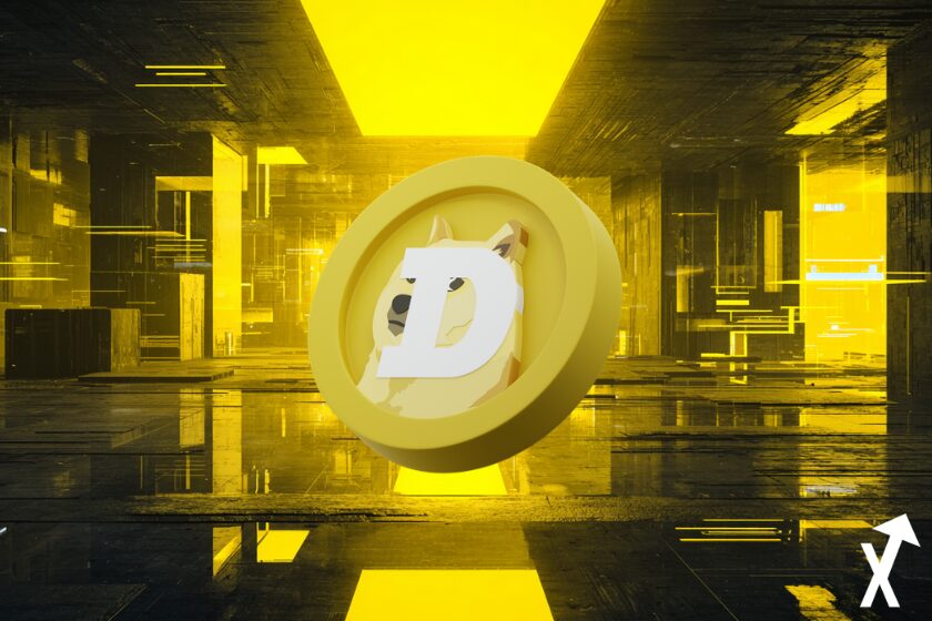 dogecoin jaune dans univers blockchain jaune et noire