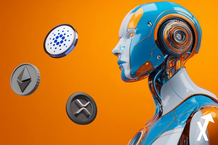 Robot IA futuriste humano&iuml;de en bleu &eacute;lectrique et blanc lumineux, design high-tech avec lignes LED fines avec xrp cardano ethereum coins