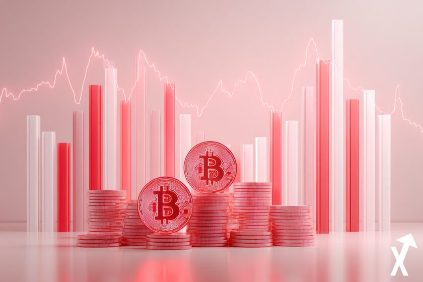 March&eacute; crypto en baisse repr&eacute;sent&eacute; par des bitcoin rouges lumineux sur fond clair, graphique descendant fluide, ambiance calme et minimaliste,
