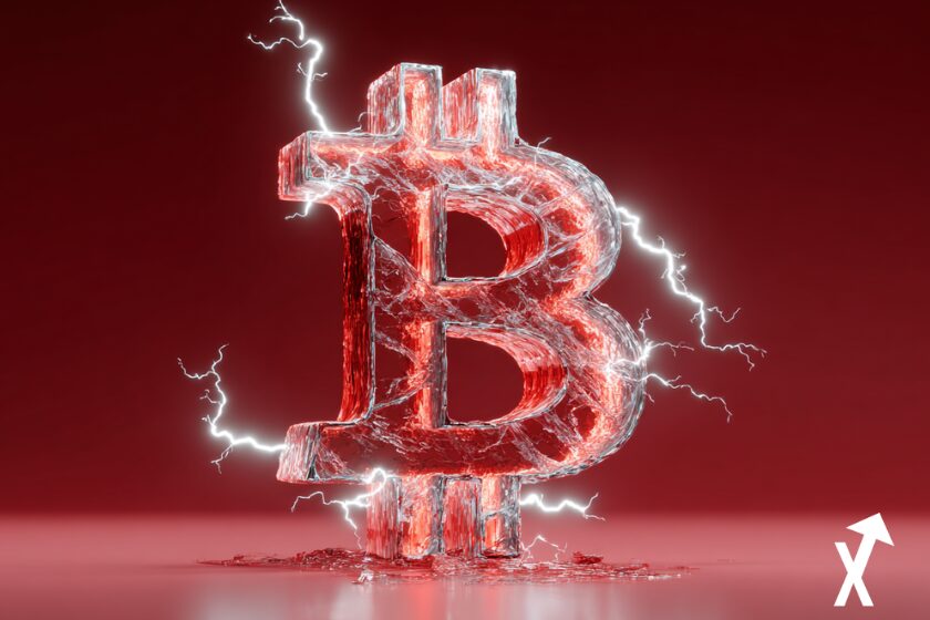 Bitcoin rouge incandescent en 3D, texture m&eacute;tallique brillante, symbole BTC l&eacute;g&egrave;rement fissur&eacute; avec &eacute;clairs &eacute;lectriques rouges et blancs autour,