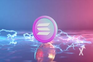 coin solana en rose sur un fond rose et bleu avec &eacute;lectrciti&eacute;