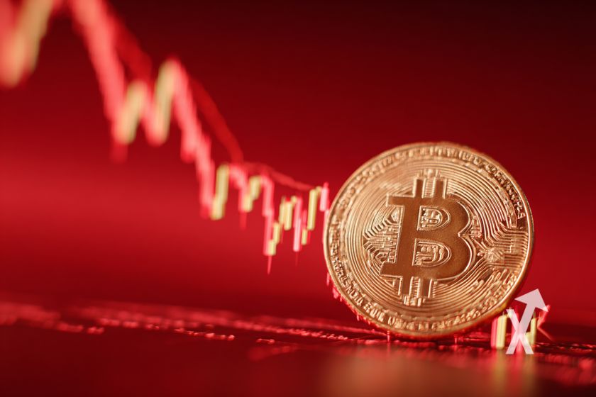 coin Bitcoin sur un fond rouge avec trenleine jaune et rouge derri&egrave;re