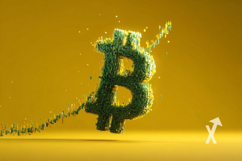 bitcoin logo vert en fum&eacute;e avec trendline verte qui monte sur un fond orange