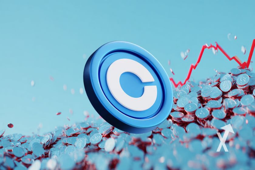 coin coinbase sur un fond bleu et trendline rouge