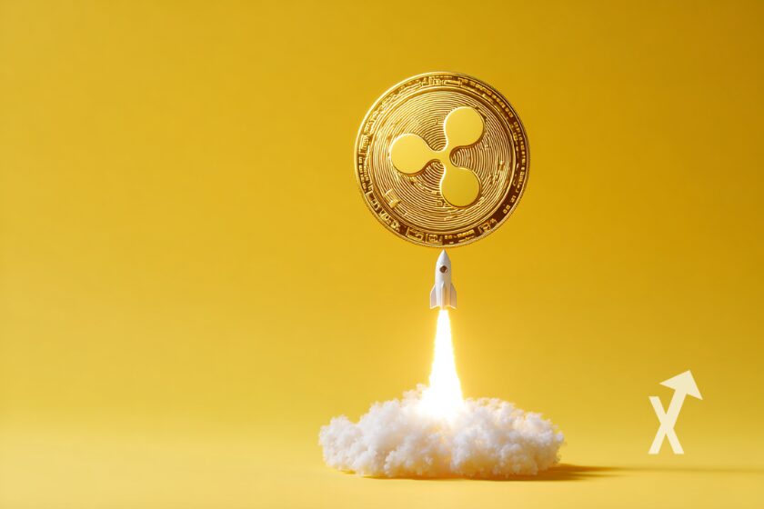 Coin xrp au dessus d'une fus&eacute;e qui d&eacute;colle sur un fond jaune