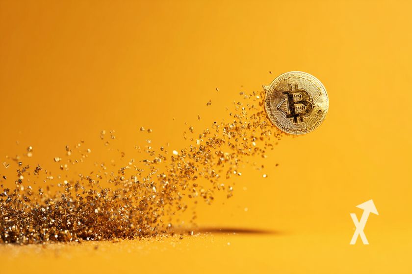 Coin Bitcoin sur un fond orange avec des paillettes dor&eacute;es